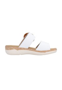 White slide sandals with two wide straps, cushioned footbed, and a textured tan outsole featuring geometric patterns.