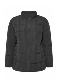 Veste en duvet noire matelassée avec un col haut, fermeture à boutons-pression et cordons réglables sur les côtés pour un ajustement personnalisable.