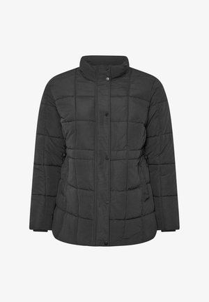 Schwarze gesteppte Pufferjacke mit hohem Kragen, Druckknopfverschluss und verstellbaren Seitenkordeln für eine anpassbare Passform.