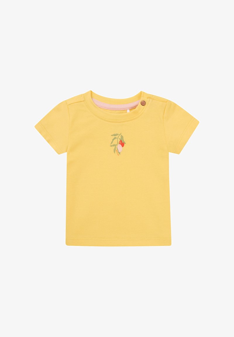 Gelbes Baumwoll-T-Shirt mit einem kleinen gestickten Design von einer Zitrone und einer Erdbeere. Kurze Ärmel und ein Knopfdetail an der Schulter.
