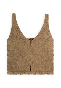 Brown sleeveless top with a textured, crinkled design, featuring decorative beading and a scalloped hem. V-neckline with a relaxed fit.