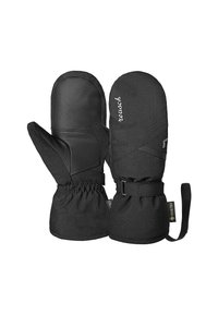 Schwarze Fäustlinge aus Leder und synthetischem Material. Zu den Eigenschaften gehören ein elastisches Handgelenk, ein verstellbarer Riemen und ein Logodetail auf der Rückseite.