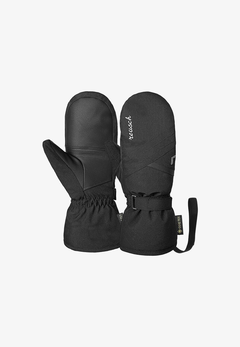 Schwarze Fäustlinge aus Leder und synthetischem Material. Zu den Eigenschaften gehören ein elastisches Handgelenk, ein verstellbarer Riemen und ein Logodetail auf der Rückseite.