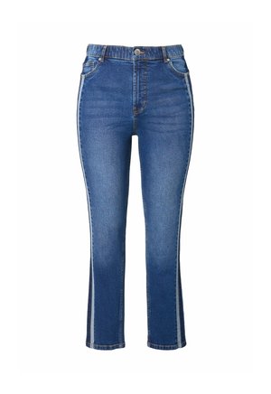 Jeans in denim con vita alta, gamba svasata e strisce laterali a contrasto. Il tessuto è di un blu medio con una texture liscia e una leggera sbiaditura.