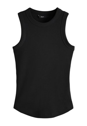 Zwart geribd mouwloos topje met ronde halslijn, licht gebogen zoom en een aansluitend ontwerp.