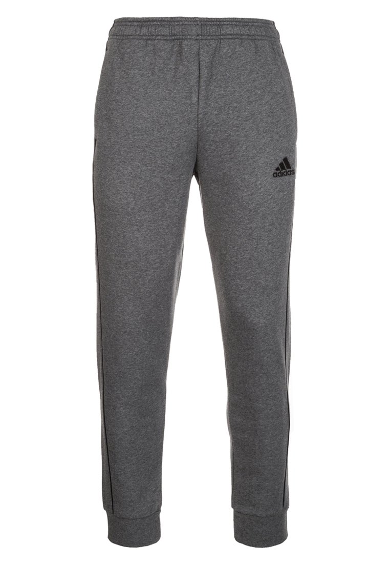 Grijze sweatpants van zacht materiaal, met een elastische tailleband, boordjes bij de enkels en een zwart Adidas-logo op de linker dij.