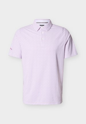 Polo a maniche corte color lavanda chiaro con motivo geometrico rosa e colletto classico con tre bottoni.