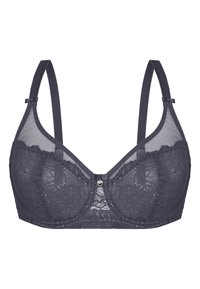 Dunkelgrauer Spitzen-BH mit transparenten Mesh-Einsätzen, floralem Muster, verstellbaren Trägern und einem herzförmigen Detail in der vorderen Mitte.