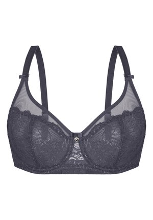 Dunkelgrauer Spitzen-BH mit transparenten Mesh-Einsätzen, floralem Muster, verstellbaren Trägern und einem herzförmigen Detail in der vorderen Mitte.