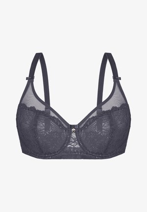 Dunkelgrauer Spitzen-BH mit transparenten Mesh-Einsätzen, floralem Muster, verstellbaren Trägern und einem herzförmigen Detail in der vorderen Mitte.