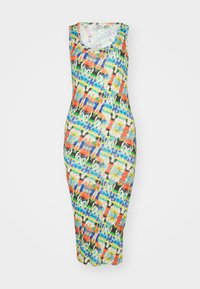 Ärmelloses, tailliertes Kleid mit einem mehrfarbigen abstrakten Muster in Blau, Orange, Grün und Schwarz. Hergestellt aus leichtem, weichem Stoff.