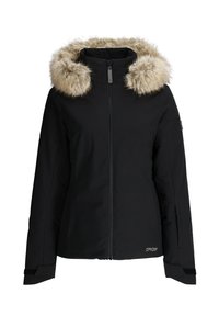 Chaqueta de invierno negra con cremallera frontal y ribete de piel sintética beige en la capucha, mangas largas y correas ajustables en las muñecas.