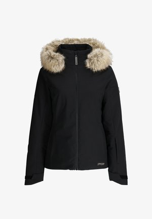 Schwarze Winterjacke mit Frontreißverschluss und beigem Kunstfellbesatz an der Kapuze, langen Ärmeln und verstellbaren Handgelenkriemen.