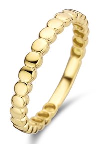 Goldfarbener Ring mit einem Band aus gerundeten Perlen mit polierter Oberfläche, glatter Textur und einem durchgehenden kreisförmigen Design.