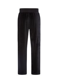 Schwarze Samt-Hose mit geradem Bein, elastischem Bund, ohne sichtbare Taschen oder zusätzliche Details.