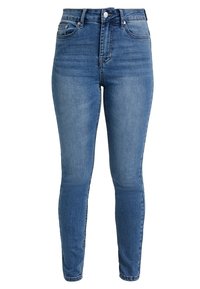 Jeans ajustados de denim azul, con una cintura alta, bolsillos frontales, cremallera y un ligero desvanecimiento de color a lo largo de los muslos.