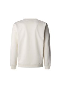 Sudadera color crema con mangas largas, puños y dobladillo acanalados. Fabricada en un tejido suave con una textura lisa y sin patrones visibles.