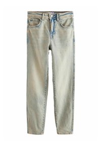 Jeans in denim azzurro chiaro con taglio dritto, caratterizzati da cinque tasche, chiusura con bottone e una leggera scoloritura sul tessuto.