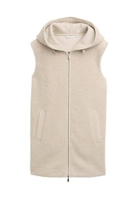 Beige ärmellose Weste mit Kapuze, aus weichem, strukturiertem Stoff. Sie verfügt über einen durchgehenden Reißverschluss auf der Vorderseite und zwei Seitentaschen. Minimalistisches Design.