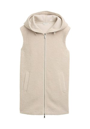 Gilet sans manches beige avec capuche, fabriqué en tissu doux et texturé. Il comporte une fermeture éclair frontale intégrale et deux poches latérales. Design minimaliste.