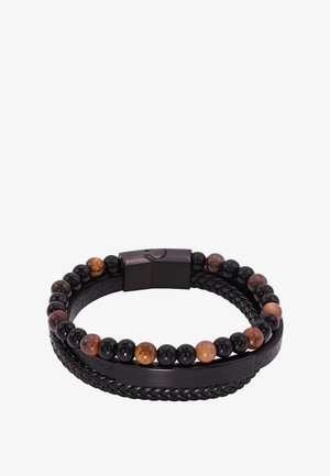 Bracciale in pelle e perline con pelle intrecciata nera, perline nere lucide e pietre marroni a fantasia; chiuso con una fibbia metallica.