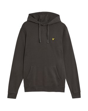 Dark gray hoodie made of cotton, featuring a kangaroo pocket, drawstrings, and a small yellow logo on the chest. Simple, pullover design.