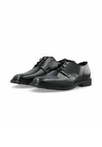 Chaussures habillées en cuir noir avec une finition lisse, à lacets, avec des orteils ronds et un petit talon carré. Contient peu de détails en métal.