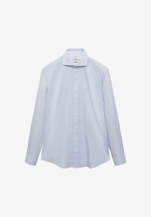 Lichtblauw overhemd met lange mouwen en witte verticale strepen, met een button-down kraag en knopen aan de voorkant. Glad stof met een gestructureerde pasvorm.