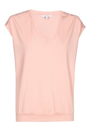 Lichtroze blouse met korte mouwen, V-hals, kanten bies op de schouders en elastische tailleband, maat small van het merk Xandres.