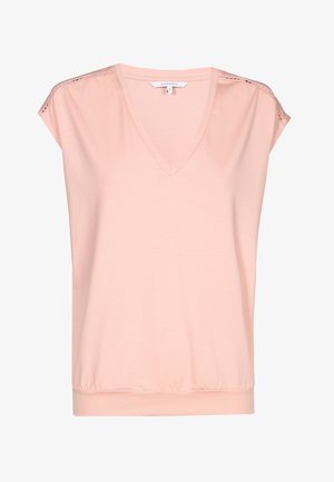 Jasnoróżowa bluzka na krótki rękaw z dekoltem w serek, koronkowym wykończeniem na ramionach oraz elastyczną talią, rozmiar mały, marka Xandres.