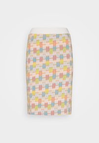 Knee-length pencil skirt featuring a pastel geometric pattern with blocks in pink, yellow, green, and blue on a light background, elastic waistband.