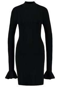 Schwarzes langärmliges Kleid mit einem hohen Halsausschnitt, figurbetonter Form und weit ausgestellten Manschetten. Aus einem glatten, elastischen Stoff gefertigt. Einfaches und elegantes Design.
