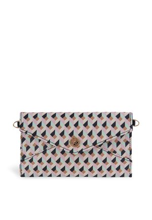 Portafoglio a busta in tessuto con motivo; presenta forme geometriche in rosa, marrone e blu; chiusura in tonalità dorata; accenti di cucitura nera.