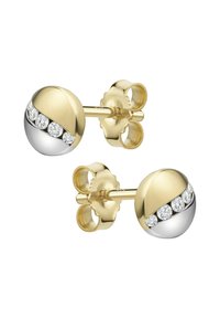 Orecchini a bottone rotondi in oro e argento con una fila diagonale di cinque piccoli pietre preziose trasparenti posizionate al centro.