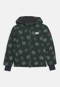 Zelená kapucňová bunda s bílými grafick�ými vzory, s předním zipem a námořnickomodrými manžetami na rukávech. Měkká texturová tkanina.