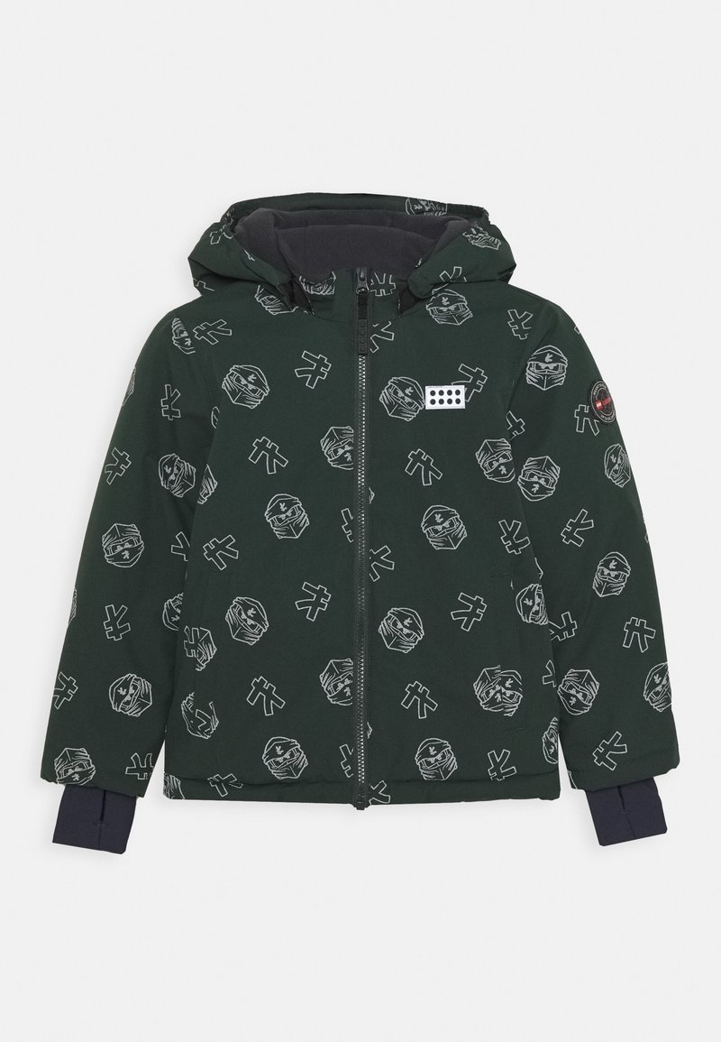 Zielona kurtka z kapturem z białymi wzorami graficznymi, z zamkiem błyskawicznym z przodu i granatowymi mankietami na rękawach. Miękki teksturowany materiał.