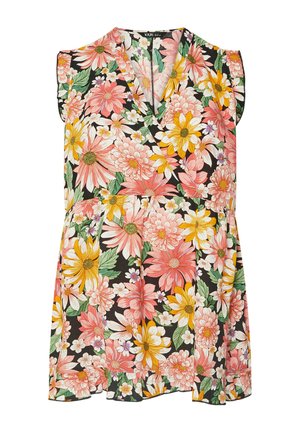 Kukkakuosi ilman hihoja oleva mekko V-pääntiellä, jossa musta tausta ja eloisat vaaleanpunaiset, keltaiset ja valkoiset kukat. Pehmeä kangas ja röyhelökoristelu.