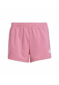 Pantalones cortos deportivos para niños en color rosa, fabricados con un material ligero, con una cintura elástica y el logo de Adidas en blanco en la parte inferior izquierda.