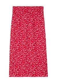 Jupe florale rouge avec une taille élastique froncée. Présente de petites fleurs blanches et roses et un design fluide à mi-jarret. Matériau léger.