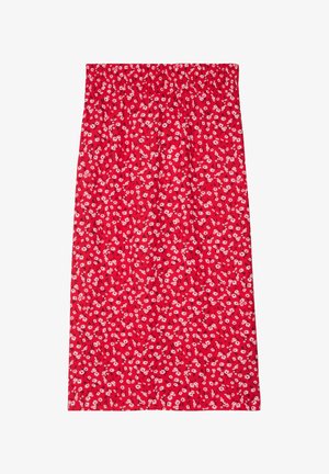 Punainen kukkamekko, jossa on kerätty, joustava vyötärö. Etuina pienet valkoiset ja vaaleanpunaiset kukat sekä virtaava, polvipituinen muotoilu. Kevyt materiaali.