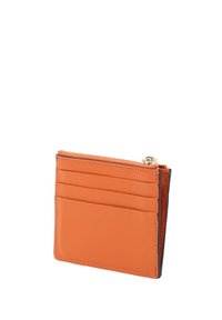 Orange leather wallet with multiple card slots and a zippered compartment. Smooth texture with minimalist design and subtle stitching details.