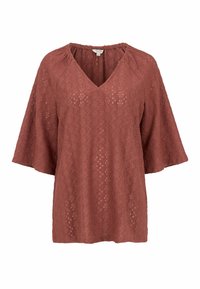 Rustfarvet bluse med V-hals, korte klokkeærmer og indviklet hulsyningsbroderi i hele stoffet.