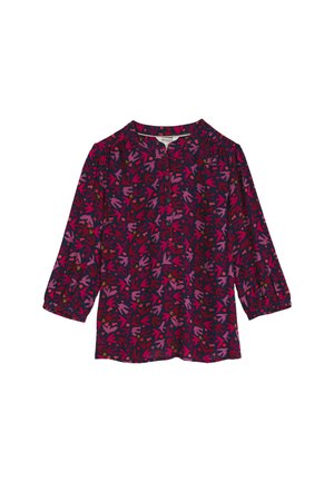 Blusa a maniche lunghe in navy con un colorato motivo floreale in rosa, rosso e arancione. Collo rotondo, dettaglio con bottoni e maniche arricciate.