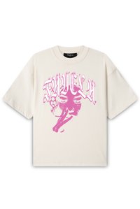 Cream short-sleeve t-shirt featuring pink graphic design of a face with cigarette, and stylized text above. Classic crew neck silhouette.