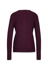 Bordeauxfarbenes Rippstrickpullover mit langen Ärmeln, Rundhalsausschnitt und strukturiertem Stoff. Verfügt über einen dezenten Kontrastbesatz an den Bündchen und dem Saum.