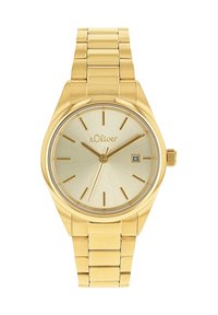 Gold metal wristwatch featuring a textured light gold dial, hour markers, and a date display, with a linked bracelet and simple crown.