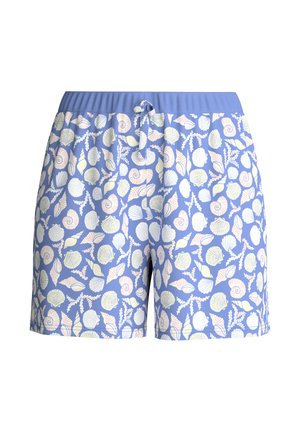 Lichtblauwe shorts met patronen van schelpen en koraal in wit, roze en geel, voorzien van een elastische tailleband en een striksluiting aan de voorkant.
