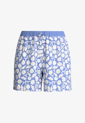 Light blue shorts with seashell and coral patterns in white, pink, and yellow, featuring an elastic waistband and front tie string.