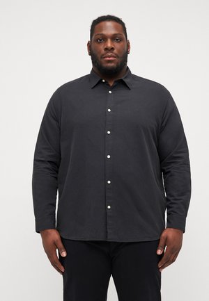 Zwarte button-up shirt met lange mouwen in katoen, met een effen ontwerp, witte knopen en een gestructureerde kraag.