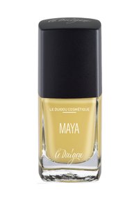 Nagellackflasche mit einem quadratischen, schwarzen Deckel. Glasbehälter gefüllt mit einem durchscheinenden gelben Lack. Text: "MAYA" und "le Duigou cosmétique."